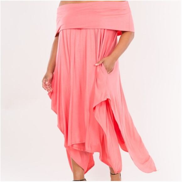 Women's Coral Off Shoulder Maxi Dress Plus XL Asymmetrical Boho Flowy Vacation - Picture 2 of 11